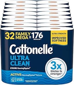 Cottonelle Ultra Clean Toilet Paper, 32 Family Mega Rolls=176 Regular Rolls