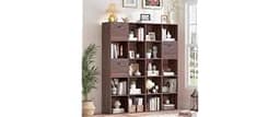 Walnut Cube Storage Bookcase, Rustic Brown 20 Cube Storage Organizer, Wooden Bookshelf with 3 Fabric Bins, Freestandi...