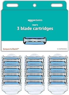 Amazon Basics 3-Blade Razor Refills for Men with Dual Lubrication, 12 Cartridges (Fits Amazon Basics Razor Handles on...