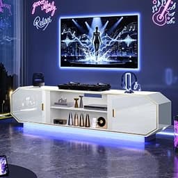 Hlivelood 71" LED TV Stand, Entertainment Center with Power Outlet, White | Diamond-shaped High Gloss TV Console for ...