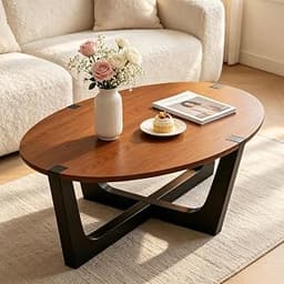 35" Oval Wood Coffee Table with Sturdy X-Shape Base, Walnut | Mid Century Modern Center Table for Living Room, Small ...