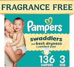 Pampers Swaddlers Diapers, Size 3 (13-26 lbs), 136 Count, Fragrance Free, Hypoallergenic, Absorbent, Pediatrician Rec...