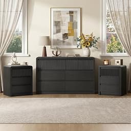 LYNSOM 3-Piece Bedroom Furniture Set, 50" Wide 6 Drawer Dresser & 3 Drawer Nightstand Set of 2, Fluted Chest of Drawe...