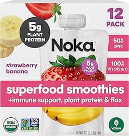 Noka Superfood Fruit Smoothie Pouches with Immune Support, Strawberry Banana, Healthy Snacks with Vitamin C, Plant Pr...