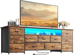 Huuger 63 Inch TV Stand for 65, 70 Inch TV, 11 Drawer Long Dresser with Power Outlets and LED Lights, Entertainment C...