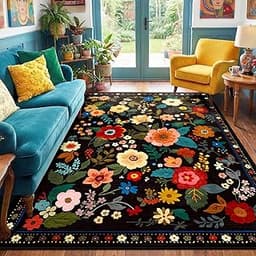 RELEANY Floral Washable 5x7 Area Rugs Black