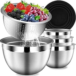 DUTZUN Mixing Bowls with Lids Set, Stainless Steel Mixing Bowls with Colander, Strainer with Mixing Bowl Set, Serving...