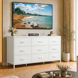 Bepatio White Dresser TV Stand with 9 Drawers & Wood Side Panels for 60" TV | Long Dresser with Fabric Deep Drawer, S...