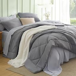 Bedsure Queen Comforter Set with Sheets - 7 Pieces Reversible Grey Bed in a Bag Queen, Eazy Care Queen Bedding Sets f...