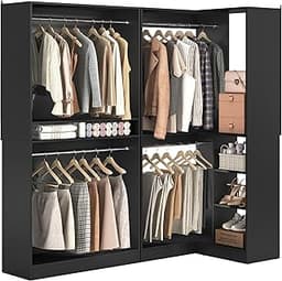 Unikito Corner Closet System, 72" L-Shaped Closet Organizer with 4 Hanging Rods, Heavy Duty Wood Garment Rack with Sh...
