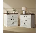 Huuger Nightstand with Charging Station, 3 Drawer Night Stand Set of 2 | 22 Inch Wider Side Table with Storage, Farmh...