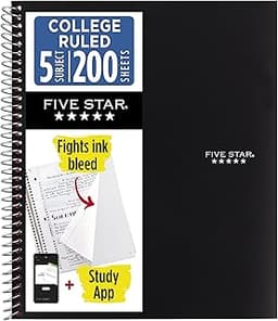 Five Star Spiral Notebook + Study App, 5 Subject, College Ruled Paper, 8-1/2" x 11", 200 Sheets, Fights Ink Bleed, Wa...