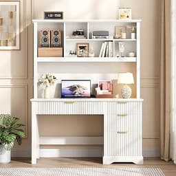 Halitaa Fluted Computer Desk with Hutch and Ample File Drawer, White