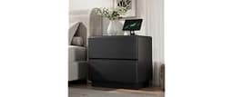 YANSNWO 23.6" Black 2-Drawer Nightstand with Charging Station | 1 Type-C/1 USB/2 AC Outlets, Rounded Corner Design, 2...
