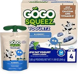 GoGo squeeZ Low Fat YogurtZ Blueberry, 3 oz Pouches (Pack of 4), Kids Snacks Made from Real Yogurt and Fruit, No Frid...