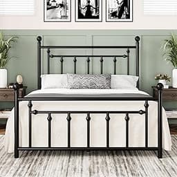 Allewie 14'' Queen Size Metal Platform Bed Frame, Vintage Headboard, Black | 50'' Tall Victorian Headboard/Footboard/...