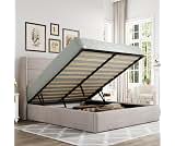 Allewie Queen Size Lift Up Hydraulic Storage Bed Frame Light Beige | Modern Wingback Headboard, Hydraulic Support Sto...