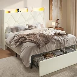 SHA CERLIN Queen Size Bed Frame with Storage Drawer & LED Lights, Cream | Upholstered Wingback Headboard with Chargin...