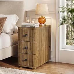 Tribesigns Nightstand with 3 Drawers, Farmhouse Fluted Narrow End Table, Wood Slim Sofa Side Table for Small Spaces, ...