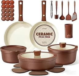 CAROTE 22Pcs Ceramic Cookware Set, Pots and Pans Set Non Stick Removable Handles, Non Toxic Cookware Oven/Dishwasher ...