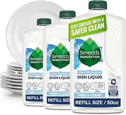 Seventh Generation Dish Soap Refill, Free & Clear, 50 fl oz, 3 Pack, Plant-Based Dishwashing Liquid for Grease & Toug...