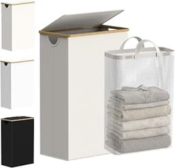 efluky Slim Laundry Hamper with Lid and Removable Bag, 75L Beige