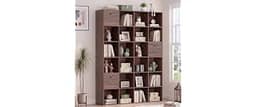 24 Cube Storage Rack, Walnut Wood Bookshelf with 3 Fabric Drawers, Freestanding Bookcase for Library, Office, 6-Tier ...