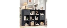 Cube Storage Organizer with 12 Open Shelf, Black Bookshelf with Storage Bins, Freestanding Book Case, Cubicle Shelf B...