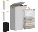 efluky Slim Laundry Hamper with Lid and Removable Bag, 75L Light Grey | Narrow Laundry Basket with Bamboo Handles, Sk...