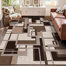 Modern Geometric Area Rug for Living Room, Coffee Brown Washable Rugs 5x7 | Chocolate Patchwork Blocks Non-Slip Indoo...
