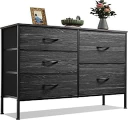 WLIVE Black Dresser for Bedroom, 5 Fabric Chest of Drawers | Black 5-drawer wide fabric dresser with steel frame, mod...