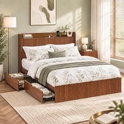 VMU Fluted Queen Size Bed Frame with 4 Storage Drawers and Charging Station