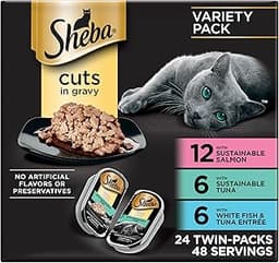 Sheba Perfect Portions Wet Cat Food Cuts in Gravy, Cat Food Wet Recipe, Sustainable Salmon, Tuna, White Fish and Tuna...