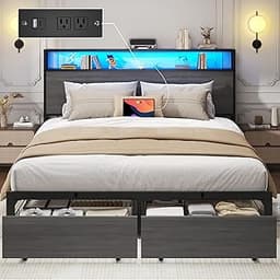 Lifezone Queen Bed Frame with 2-Tier Storage Headboard, Bedroom Metal Bed Frame with 2 Storage Drawers & Fast-Chargin...