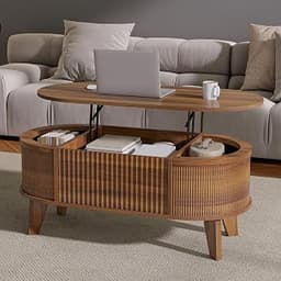 LYNCOHOME 43.3'' Fluted Lift Top Coffee Table with Storage,Modern Oval Coffee Table for Living Room or Home Office(Wa...