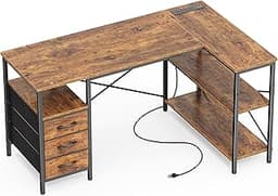 Huuger L Shaped Office Desk with Power Outlets, 47 Inch Computer Desk with 3 Drawers, Shelves, for Gaming, Corner Wor...