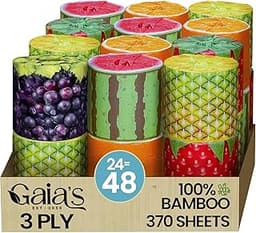 Gaias Premium and Soft Fruit TP Organic Bamboo Toilet Paper | 24 Mega Rolls, 3 Ply, 370 Sheets | FSC Certified, PFAS ...
