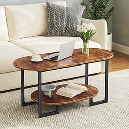 HOOBRO Coffee Table for Living Room, Oval Small Coffee Table with 2-Tier Open Storage Shelf, Industrial Cocktail Tea ...
