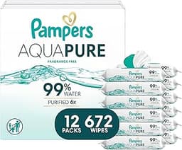 Pampers Aqua Pure Baby Wipes, 99% Water, Fragrance Free, Unscented, Water Based, Multi-Use, 672 Wipes Total (12X Flip...