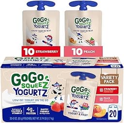 GoGo squeeZ YogurtZ Variety Pack, Strawberry & Peach, 3 oz (Pack of 20), Kids Snacks Made with Real Yogurt and Fruit,...