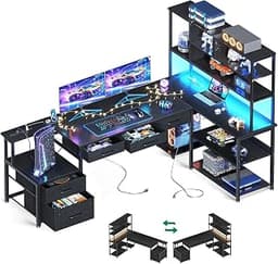 AODK 79 inch L Shaped Desk with 5 Drawers, LED Light & 2 Power Outlets