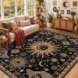 Vacuum-Friendly, 5x7 Washable Area Rug, Black Gold Beige Red