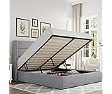 Allewie Queen Size Lift Up Hydraulic Storage Bed Frame Light Grey | Modern Wingback Headboard, Hydraulic Support Stor...