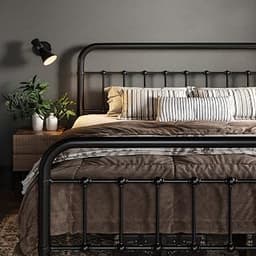 Allewie Queen Metal Bed Frame with Victorian Iron-Art Headboard, Black | Victorian Style Wrought Iron-Art Headboard/F...