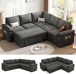 85 Inch Modular Sectional Sofa with Pull Out Bed,L Shaped 5 Seat Sectional Sleeper Sofa with Storage,Sectional Couche...